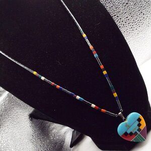 NATIVE AMERICAN SANTO DOMINGO COLOR STONE MOSAIC INLAY HEART HEMA. NECKLACE 58